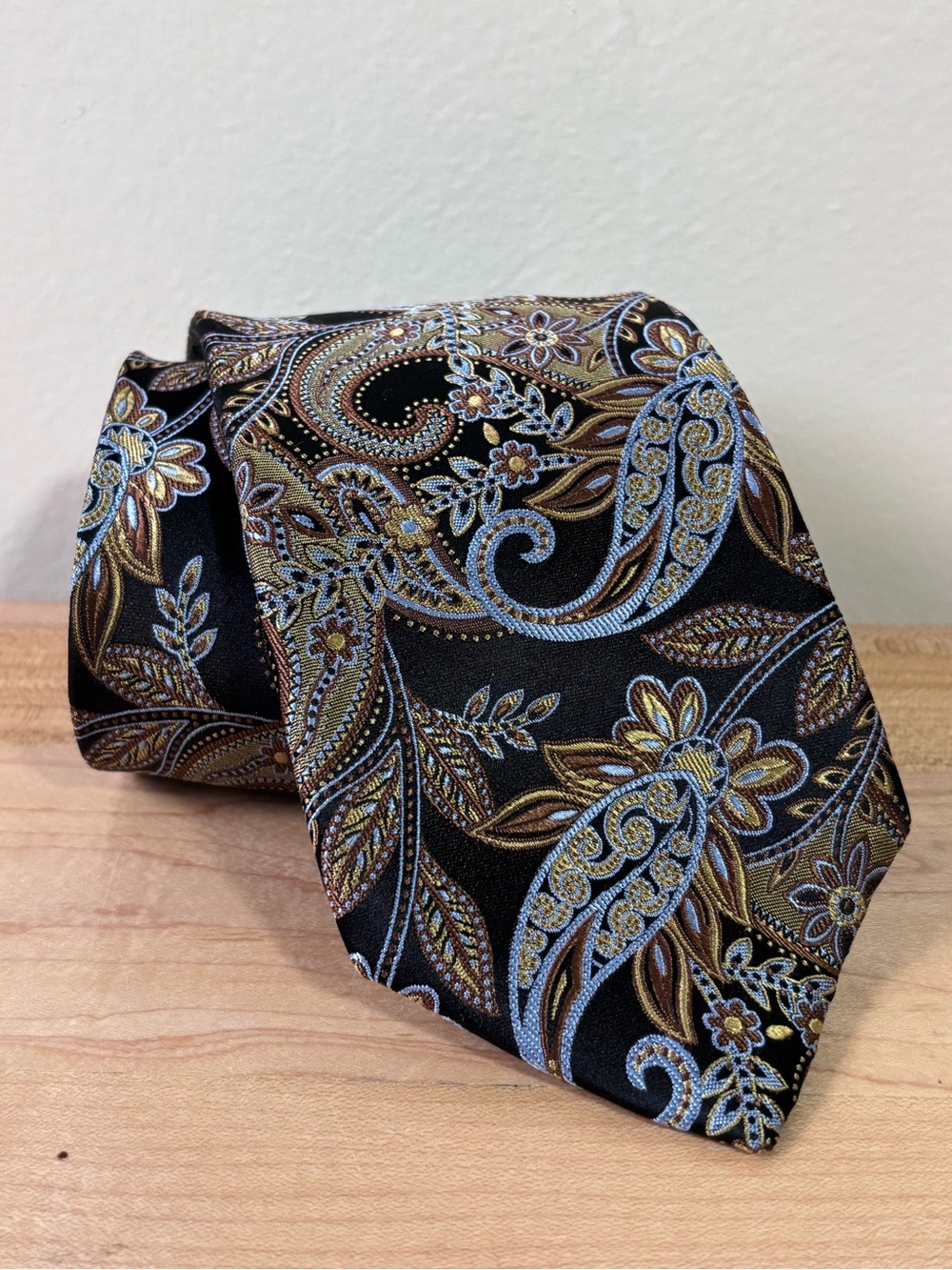 100% Silk Made in USA Paisley Floral Tie in Black, Blue and Gold Colorway